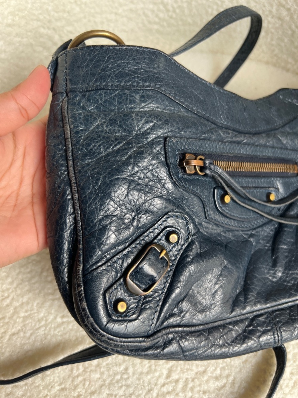 Authentic Balenciaga Navy Blue Hip City Leather Bag - Picture 2 of 16